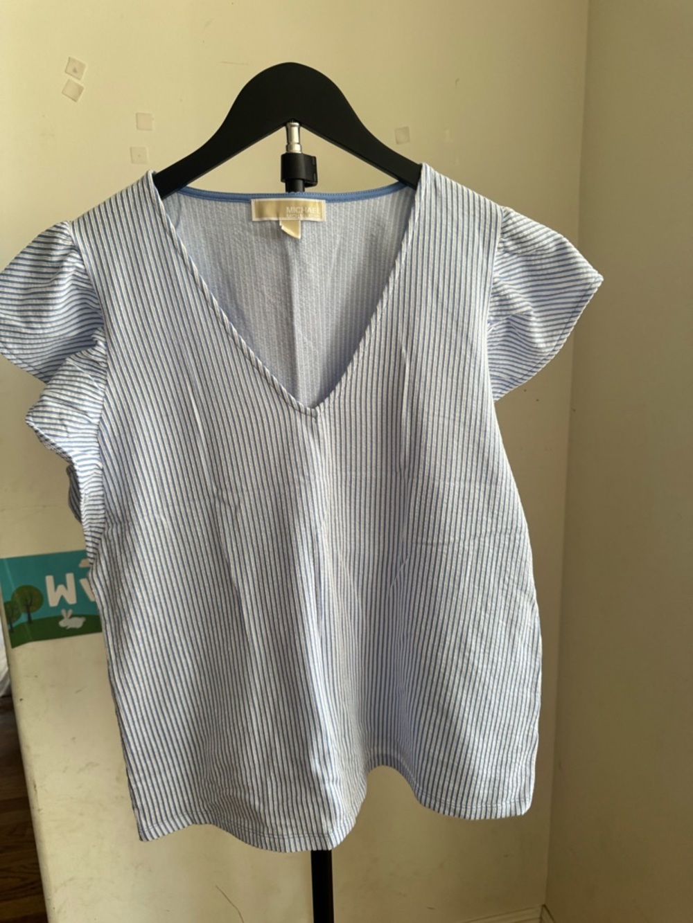 Michael Kors Light Blue & White Striped V-Neck Ruffle Sleeve Top